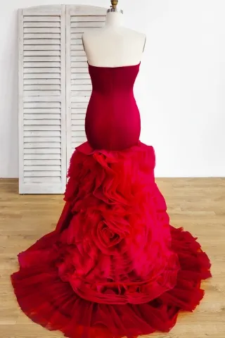 draped wine red satin with ruffled tiered organza trumpet bridal dress