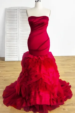 glamorous wine satin ruffled tiered orgnaza bridal dress