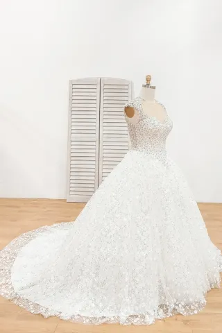 beaded queen anne neck sparkly ball gown