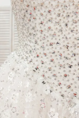 sparkly beaded basque waist wedding dress