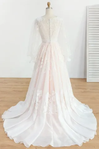 buttons up back sheer puff sleeve organza train wedding dress