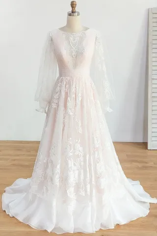 pink lining ivory lace and organza princess wedding dress