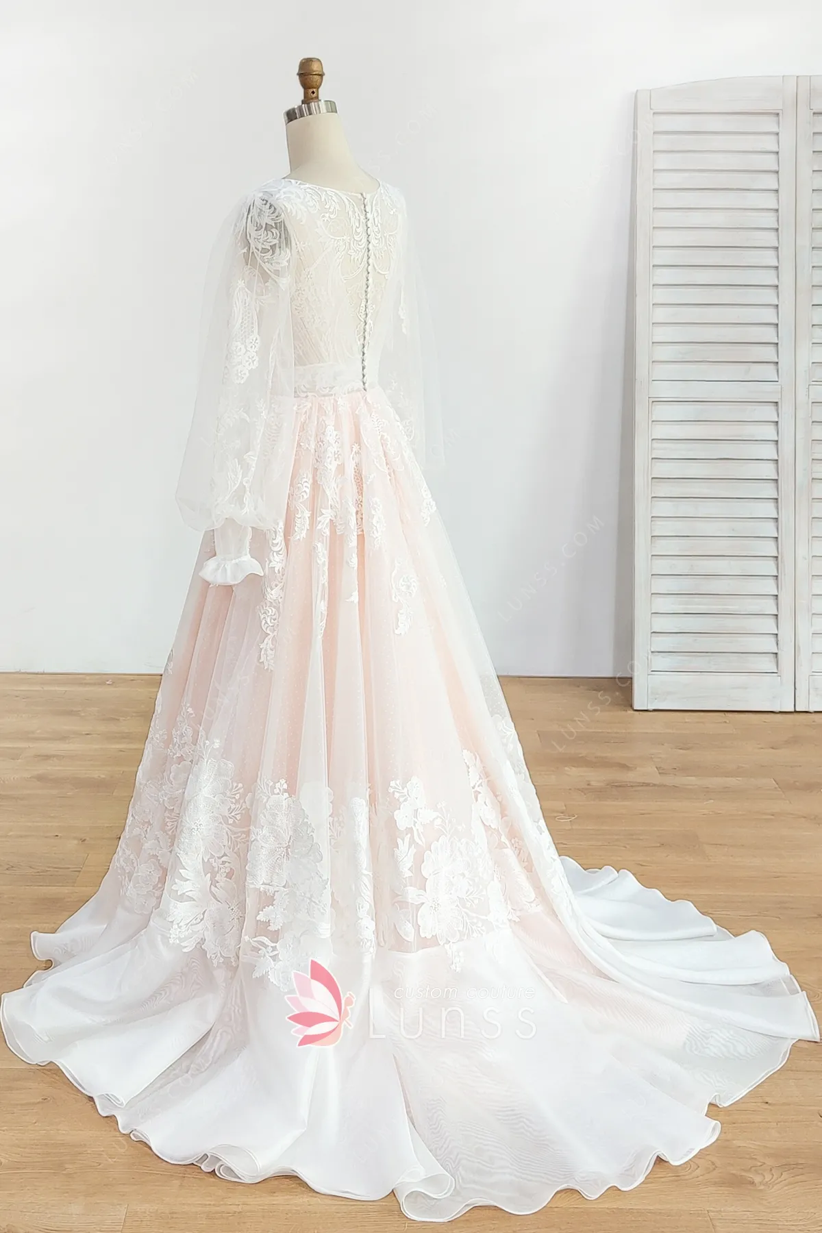 Pink Lining Ivory Lace and Organza Princess Wedding Dress Lunss