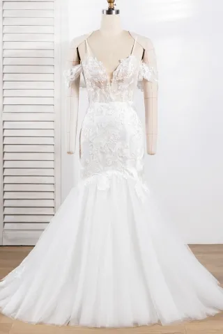 shimmering ivory white glitter tulle lace wedding dress