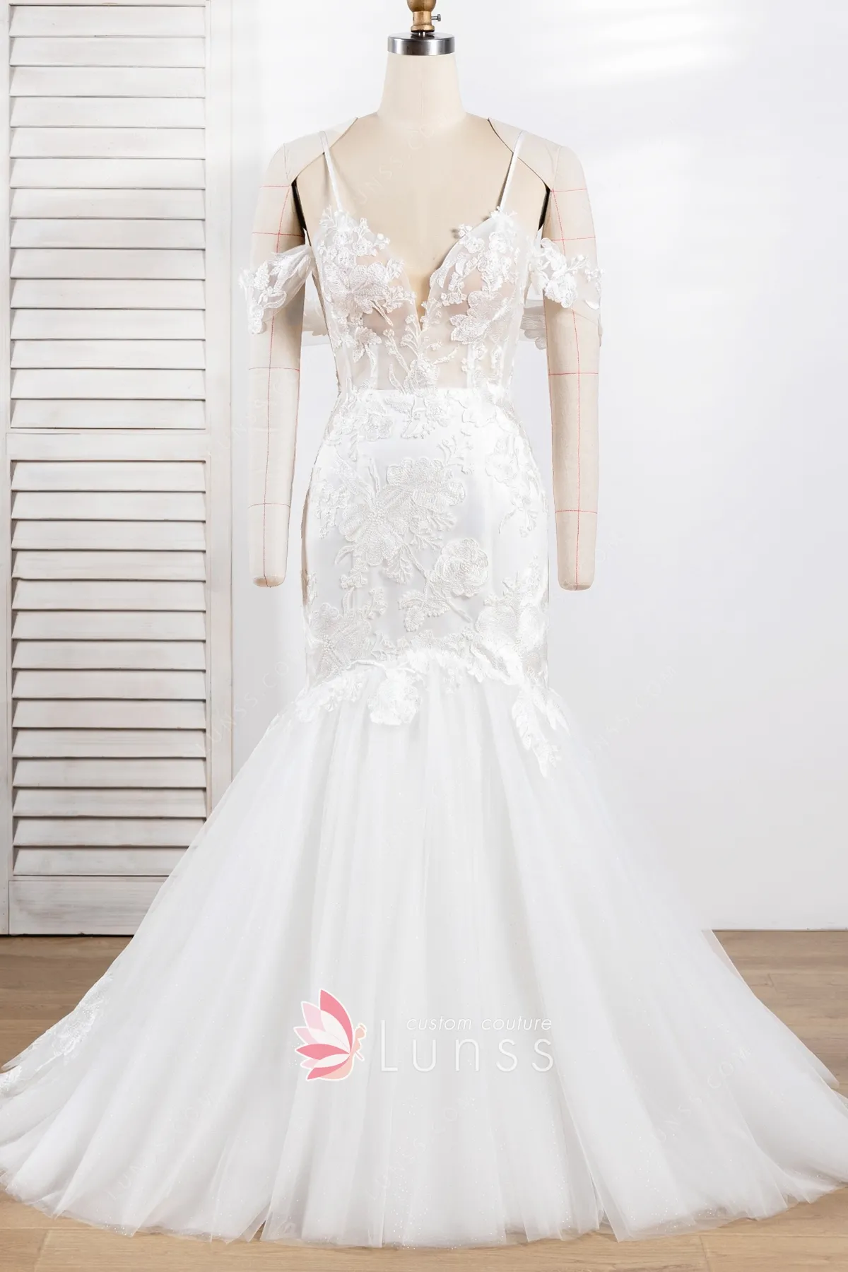 Shimmering Ivory White Glitter Tulle & Lace Wedding Dress Lunss