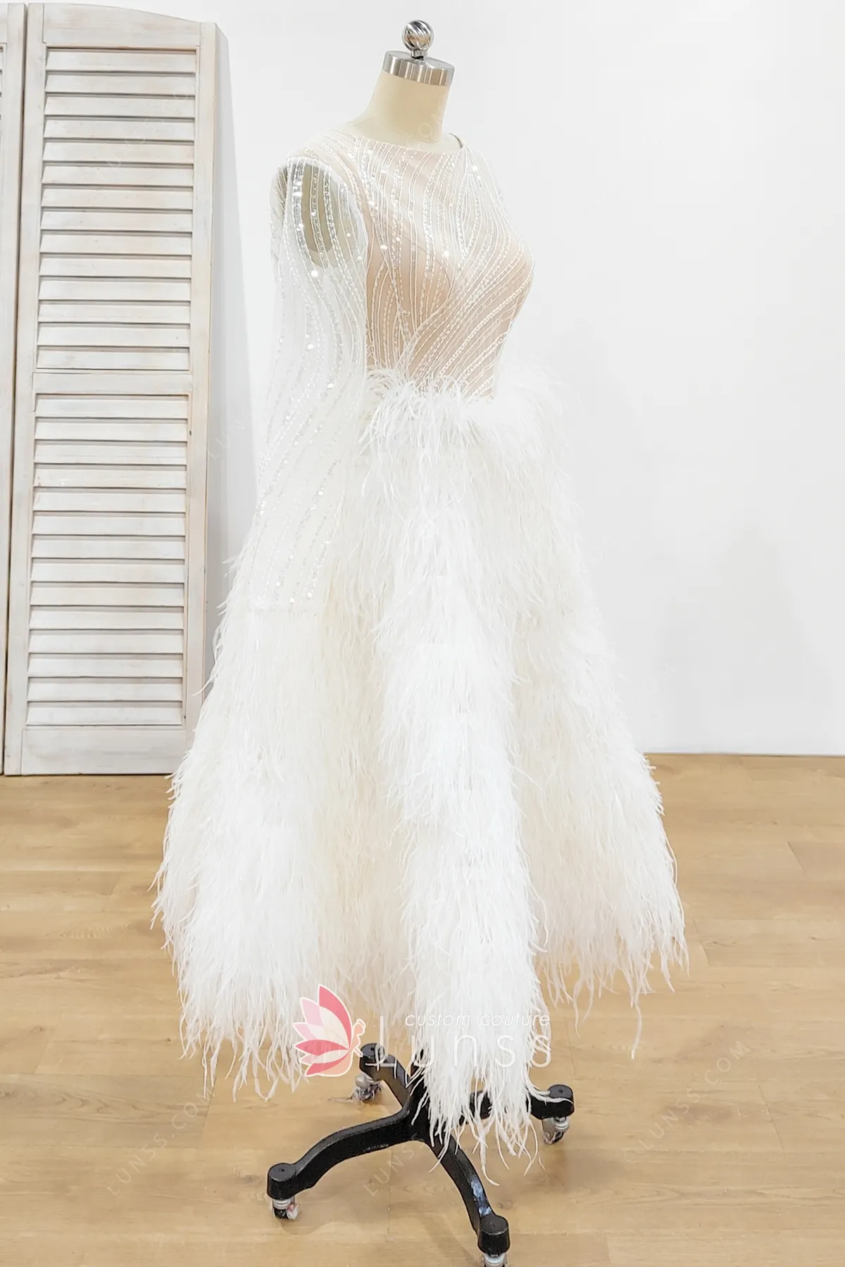 Glistening Sequin and Feather Tea-length Bridal Dress - Lunss