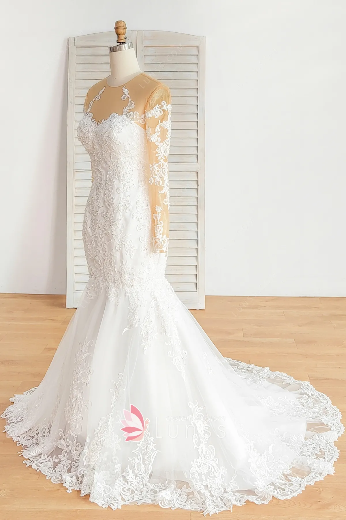 Long Sheer Sleeve Embroidery and Sequin Trumpet Style Wedding Dress main image 1