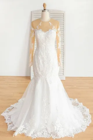 shimmering sequinned ivory lace trumpet wedding dress