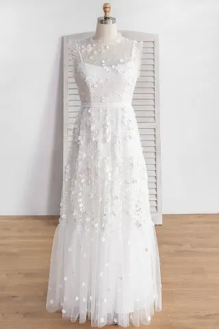 3d flowers pearled white sheath long rustic wedding dress