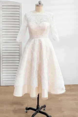 vintage inspired champagne knee tea length bridal dress