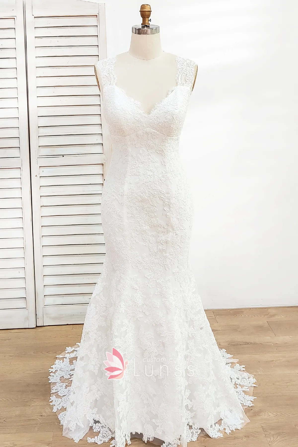 vintage inspired queen anne neck ivory lace bridal dress