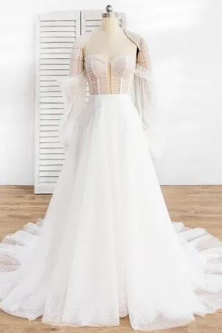 sparkly sexy pleated tulle glitter white wedding dress