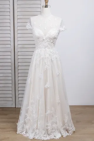 vintage inspired pearled lace champagne satin bridal gown