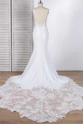 scalloped lace long train wedding dress