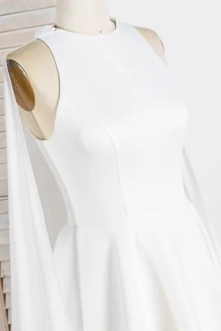 ivory satin sleeveless round neck bridal dress