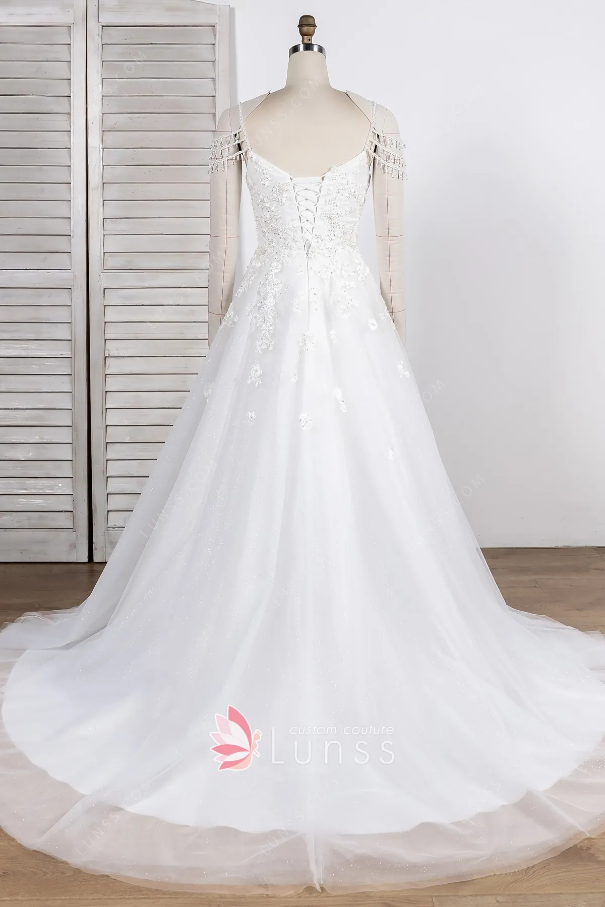 Beaded Straps Crisscross Back Timeless Lace Tulle Wedding Dress