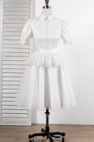 half sleeve shirt collar peplum lace short bridal dress