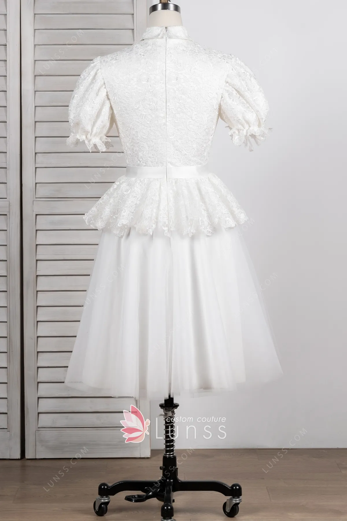 vintage inspired half sleeve ivory lace peplum short bridal shower dress