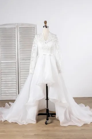 long sleeve lace and organza sexy high low wedding dress