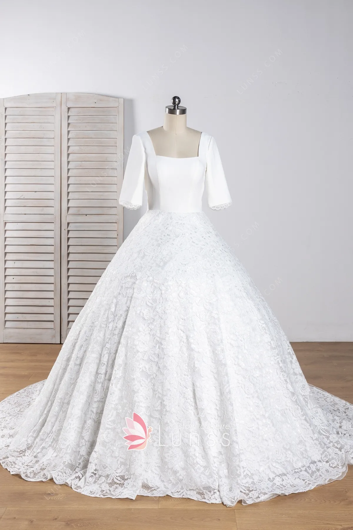 ivory crepe and lace vintage ball gown wedding dress