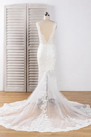 sheer lace and tulle low V back sexy wedding dress