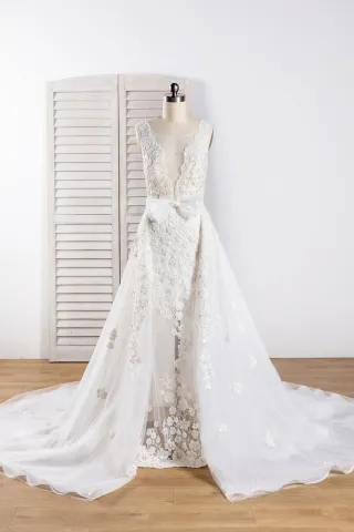 sheer scalloped lace sexy wedding dress with overskirt