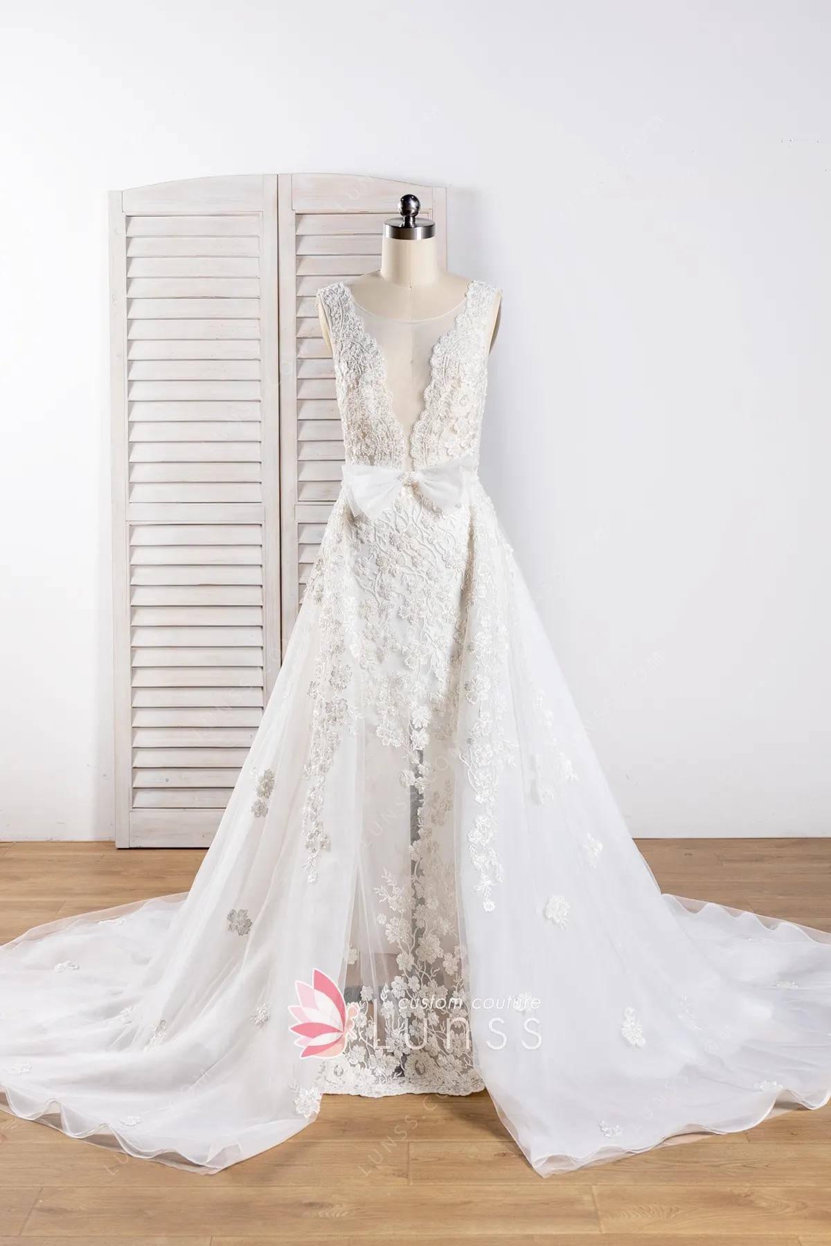 Abito da sposa sexy in pizzo smerlato trasparente con sovragonna - Lunss