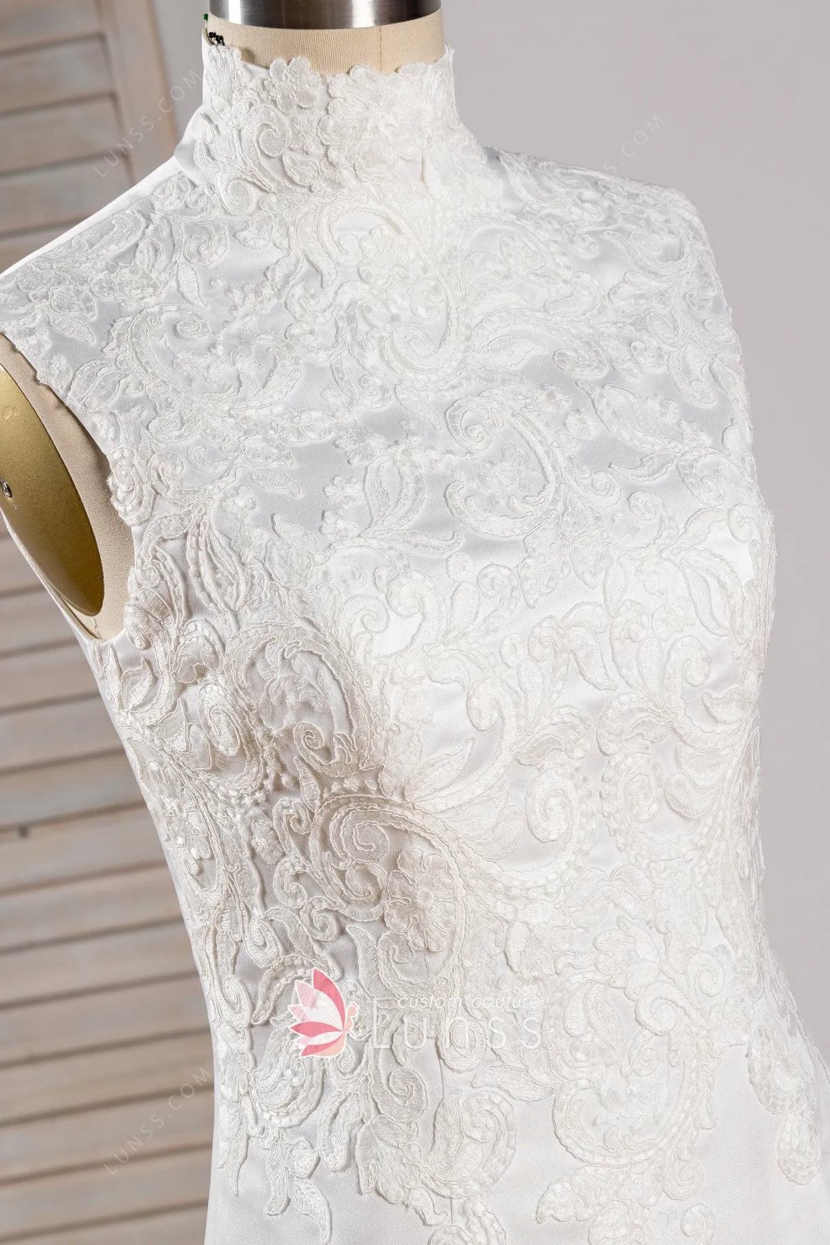 vintage inspired ivory lace high neckline sleeveless wedding dress