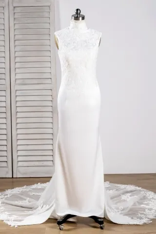 vintage lace high neck sheer train sheath wedding dress