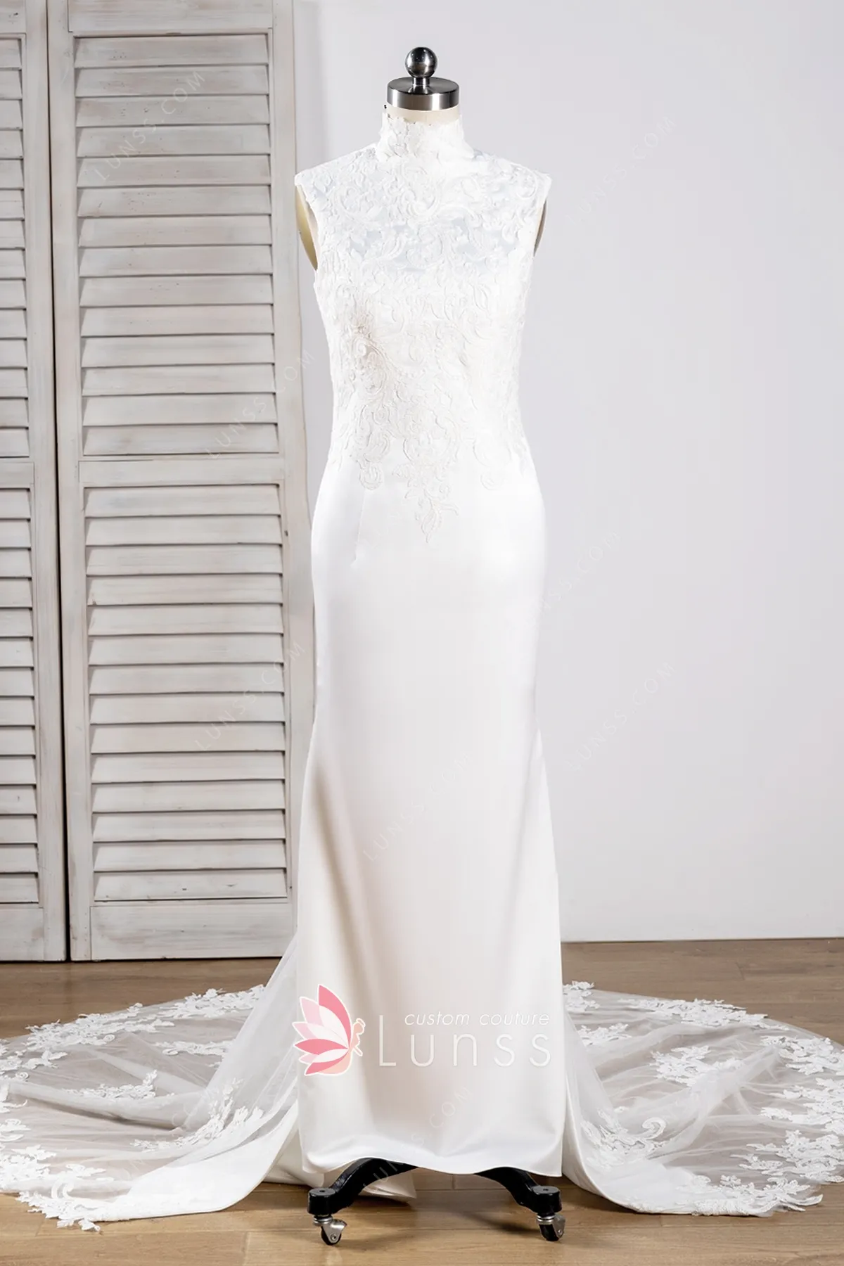 Vintage Lace High Neck Sheer Train Sheath Wedding Dress - Lunss