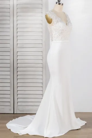 modern beaded lace satin open back mermaid bridal dress