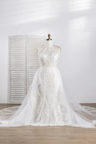 luxury beaded ivory lace mermaid overskirt wedding dress