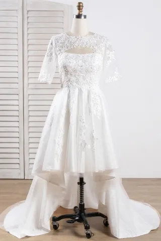 beaded ivory lace sequinned tulle high low bridal dress