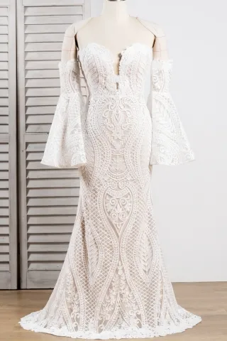 unique geometric lace bell sleeve nude wedding dress