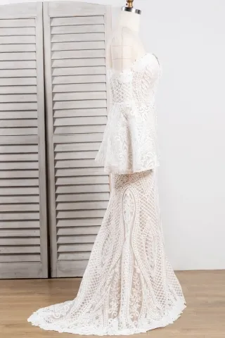 Unique White Lace Nude Lining Bell Sleeve Bridal Dress - Lunss