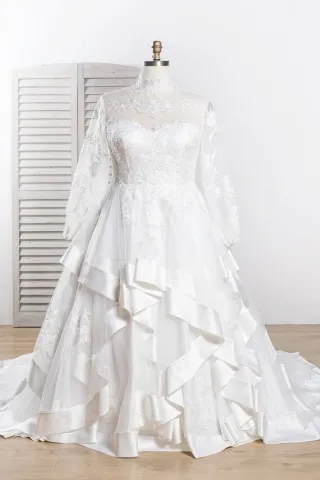flounced ball gown plus size illusion lace wedding dress