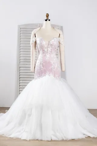 charming rose pink ivory lace tulle trumpet wedding gown