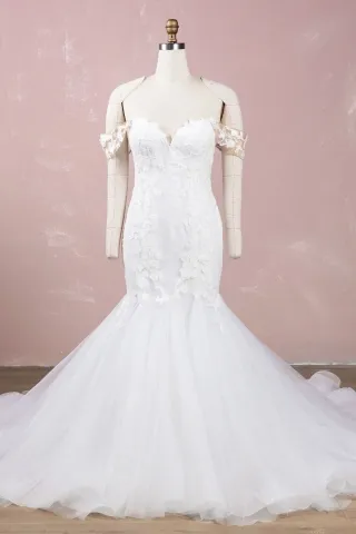 elegant off the shoulder ivory white mermaid wedding gown