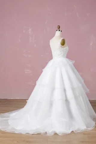 beaded ivory lace bodice ruffled tiered ivory white organza ball gown wedding dress