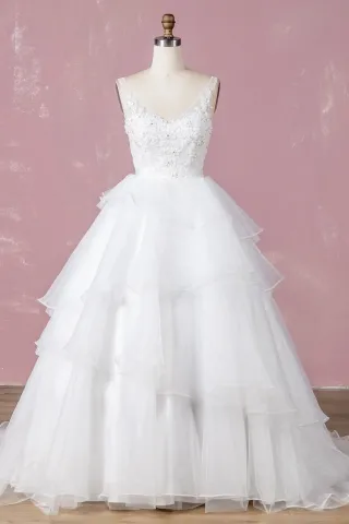 beaded lace ruffled tiered organza wedding ball gown