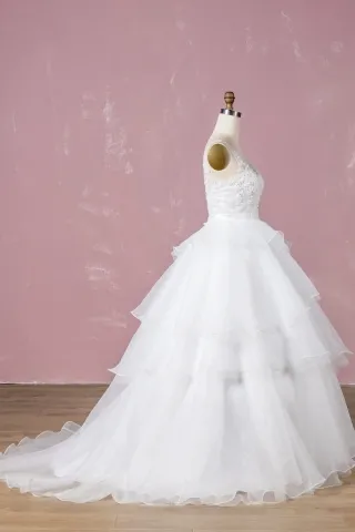 beaded lace tiered organza wedding gown