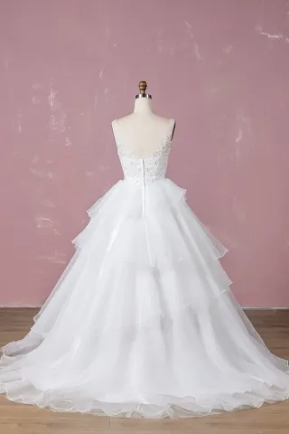 ivory white ruffled tiered organza ball gown