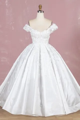 pearled 3d flower lace ivory satin wedding ball gown