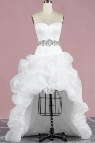 vivid ruffled organza high low beaded ivory wedding gown