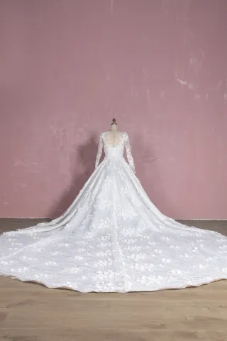 luxury 3D flowers lace and satin ball gown wedding dress with Cathedral train