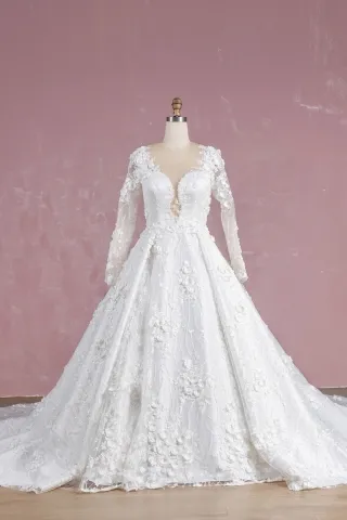 luxury 3d flower long sleeve cathedral train wedding gown
