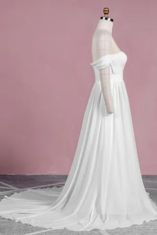 ivory chiffon pleated beach wedding gown