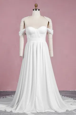 ivory chiffon pleated off the shoulder beach wedding gown