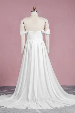 off the shoulder ivory chiffon A line beach wedding dress