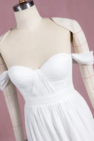 pleated chiffon sweetheart off the shoulder dress